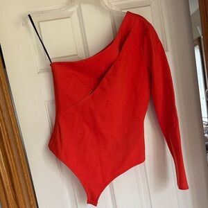 NBD Orange One-Shoulder Long Sleeve Bodysuit
